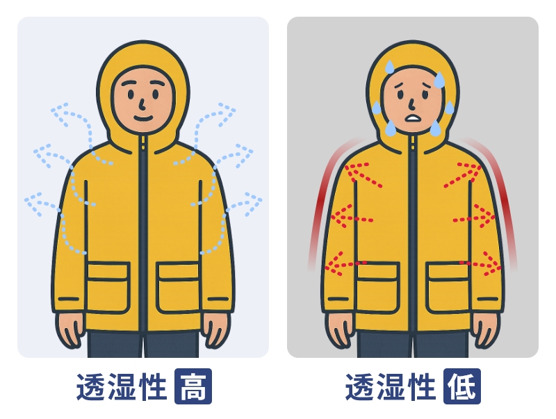 透湿性の高さによって、カッパの快適性は変化します。透湿性が低ければ内部の湿気が外に逃げてくれず、蒸し暑く不快に感じやすくなります。反対に透湿性が高ければ内部の湿気が適度に放出され、快適な着心地をキープすることができます。